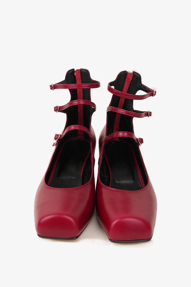 Dark red Je La Connais Rouge heels shoes with pointed toes and stiletto heels, stylish footwear for women.