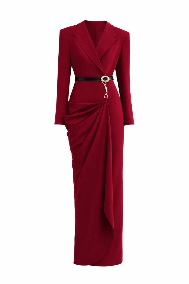 Elegant White Plan Crimson Muse gown displayed on a hanger with flowing fabric and intricate detailing.