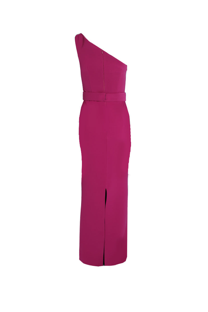 ONE-SHOULDER DRESS WITH CAPE SLEEVES IN DEEP MAGENTA - CULT MIA