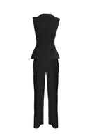 Joanna Andraos midnight black co-ords set with top and pants, featuring a detachable emerald cape and ghost imagery design.