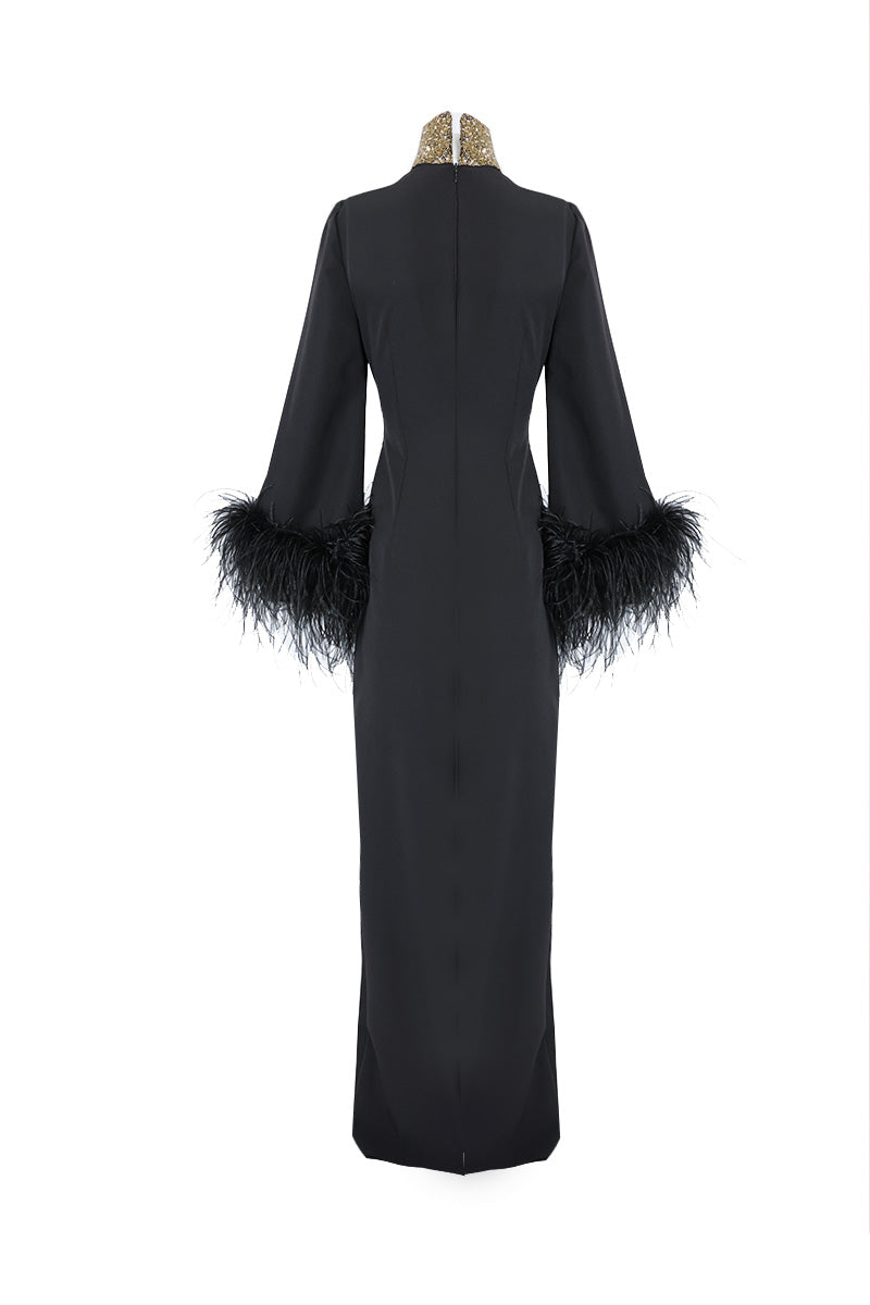 TWIST KNOT FULL-LENGTH BLACK GOWN WITH FEATHER - CULT MIA