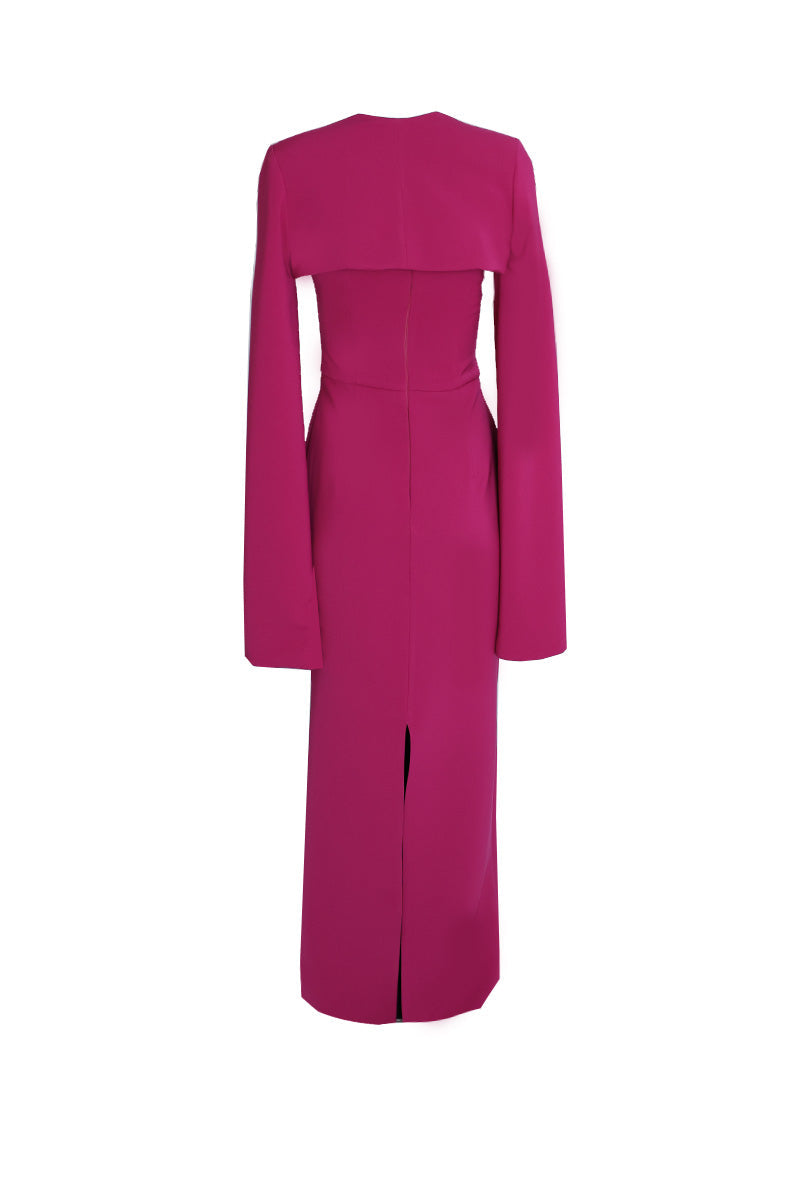 ONE-SHOULDER DRESS WITH CAPE SLEEVES IN DEEP MAGENTA - CULT MIA
