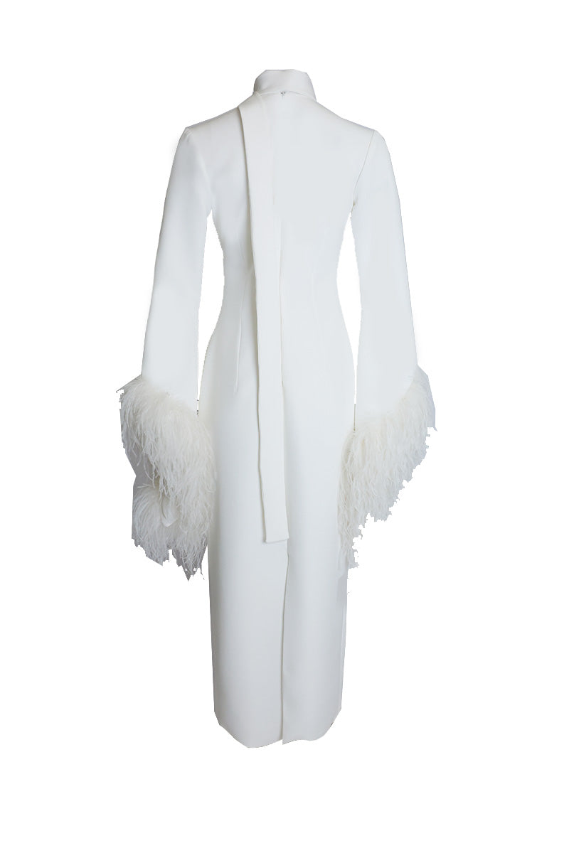 FEATHER-DETAIL HALTERNECK MIDI DRESS IN OFF WHITE - CULT MIA