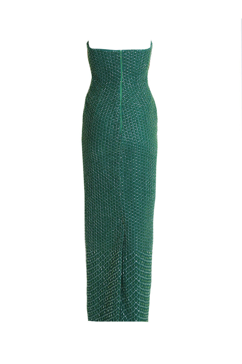 EMBROIDERED STRAPLESS GOWN WITH REMOVABLE CAPE IN EMERALD GREEN - CULT MIA