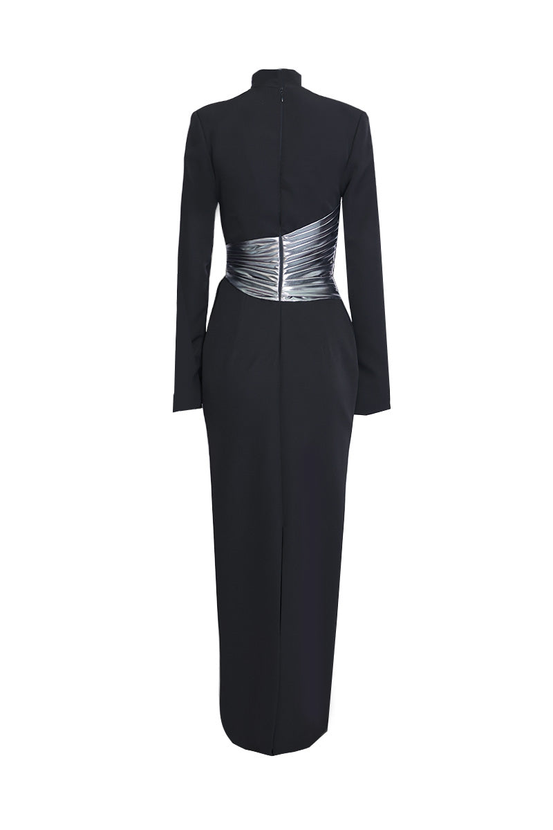 Joanna Andraos midnight black halterneck gown with metallic draped waist, elegant back view showcasing sleek design and stylish details.