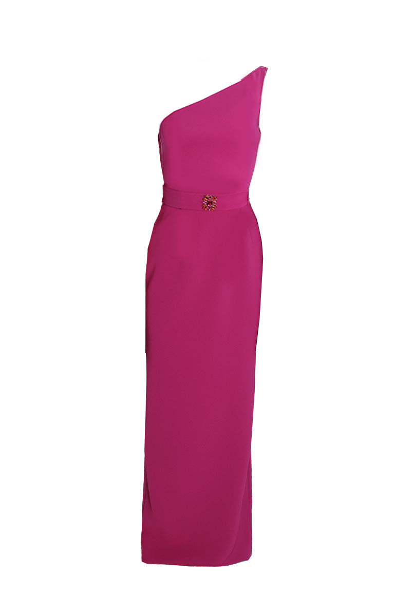 ONE-SHOULDER DRESS WITH CAPE SLEEVES IN DEEP MAGENTA - CULT MIA