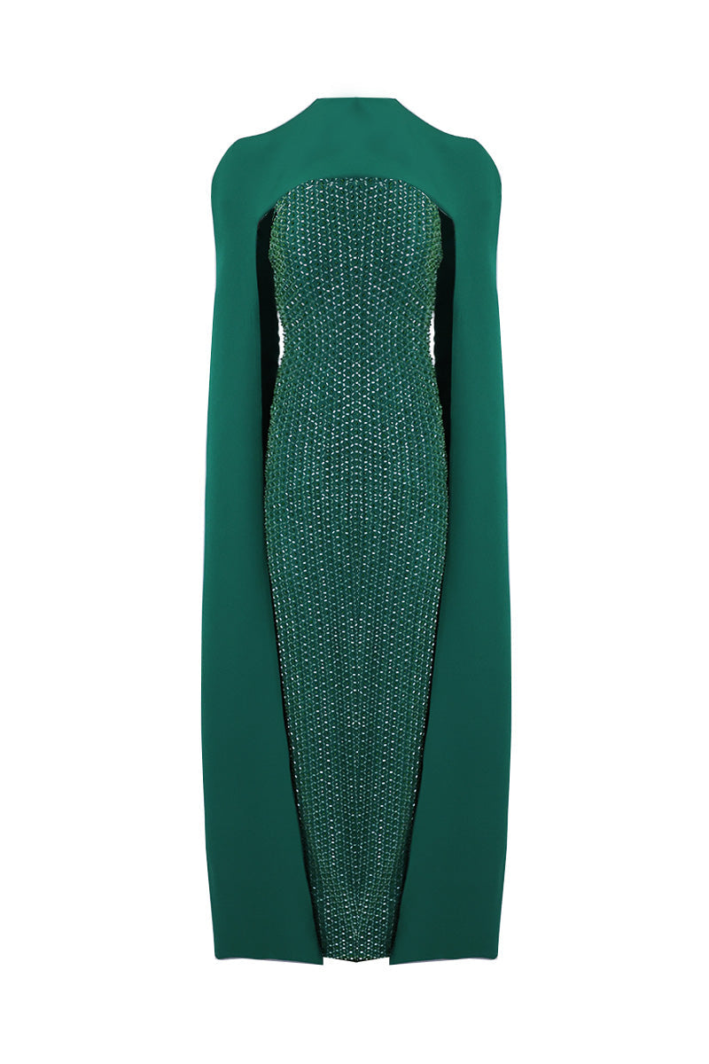EMBROIDERED STRAPLESS GOWN WITH REMOVABLE CAPE IN EMERALD GREEN - CULT MIA