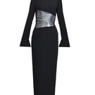 Midnight black halterneck gown by Joanna Andraos featuring a metallic draped waist and elegant front design.