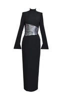 Midnight black halterneck gown by Joanna Andraos featuring a metallic draped waist and elegant front design.