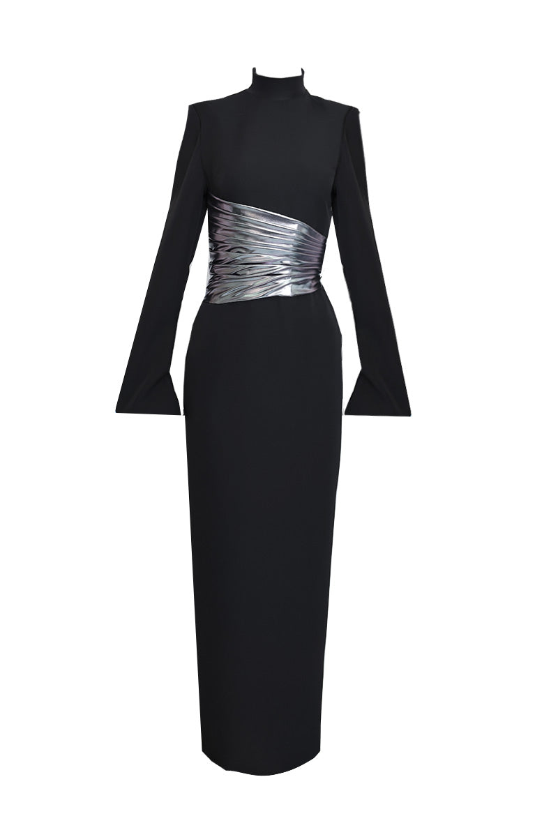 Midnight black halterneck gown by Joanna Andraos featuring a metallic draped waist and elegant front design.