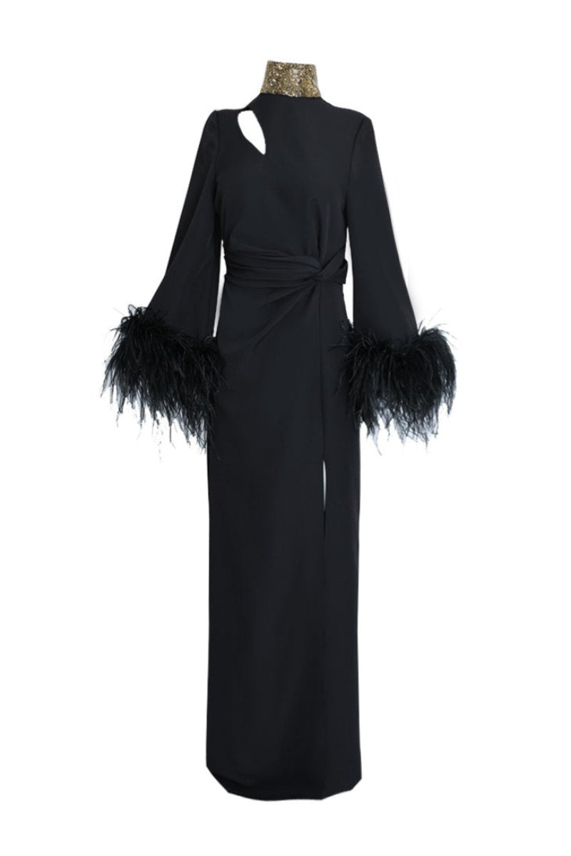 TWIST KNOT FULL-LENGTH BLACK GOWN WITH FEATHER - CULT MIA