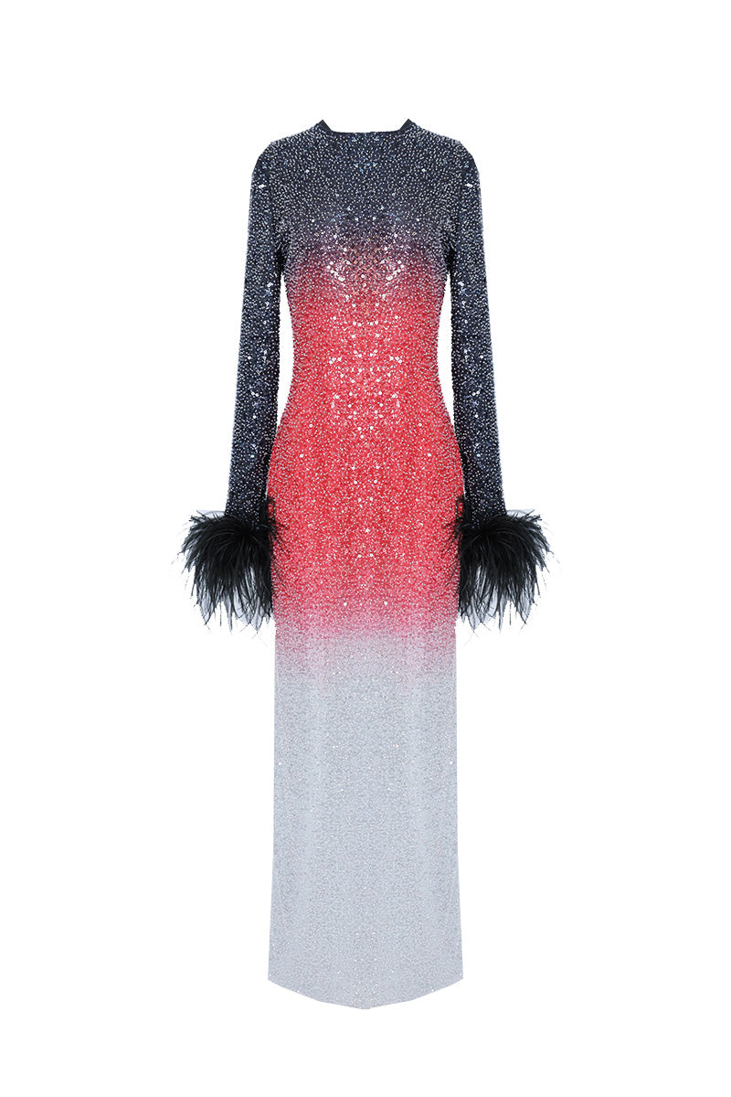 STUNNING OMBRÉ FULL-LENGTH GOWN WITH FEATHERED SLEEVES - CULT MIA