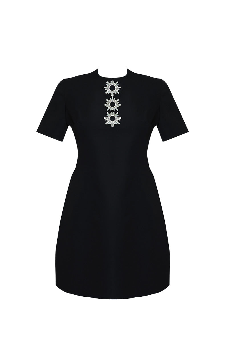 SHORT BLACK DRESS WITH 3D CRYSTAL EMBELLISHED NECKLINE - CULT MIA