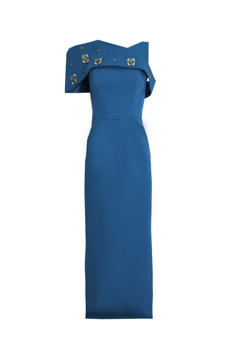 ONE-SHOULDER DRESS WITH DETACHABLE FLORAL CAPE IN PETROL - CULT MIA