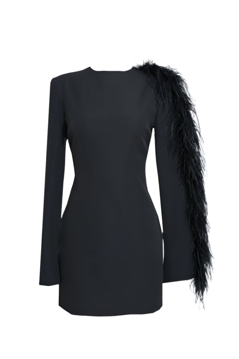 ONE-SHOULDER FEATHER FULL-SLEEVE SHORT DRESS IN MIDNIGHT BLACK - CULT MIA