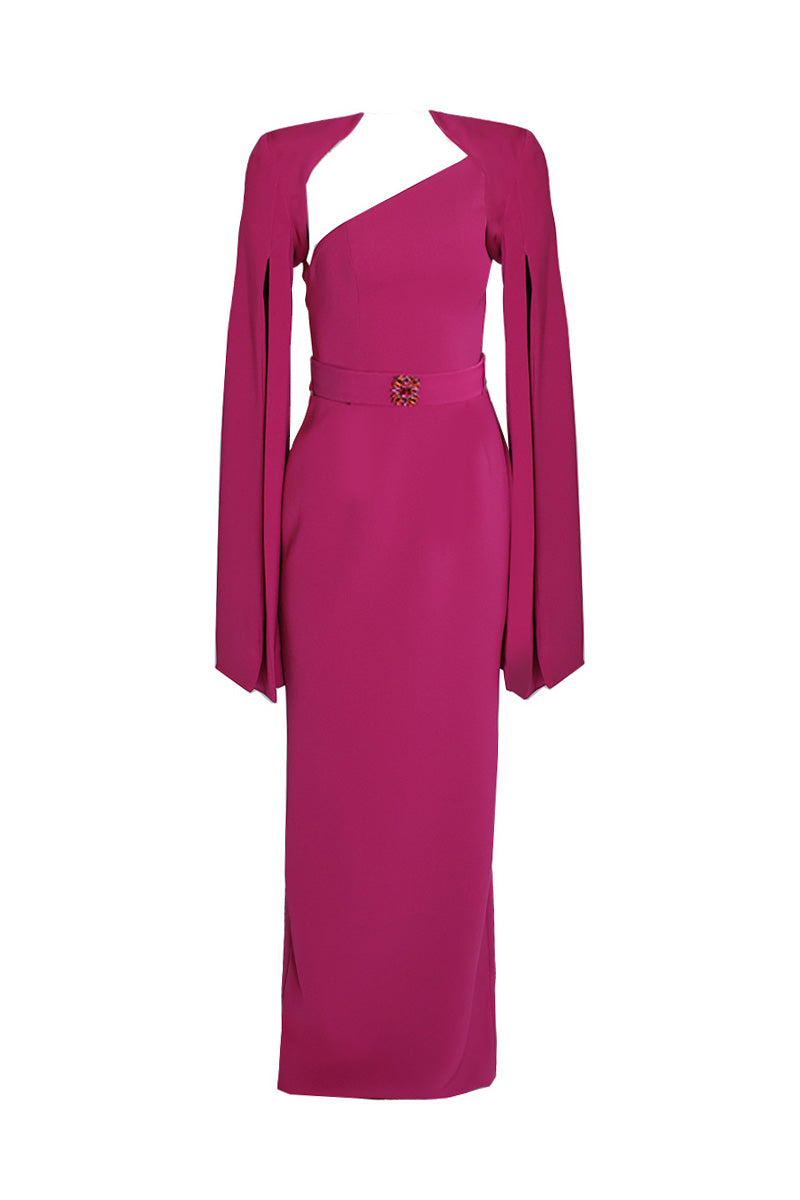 ONE-SHOULDER DRESS WITH CAPE SLEEVES IN DEEP MAGENTA - CULT MIA