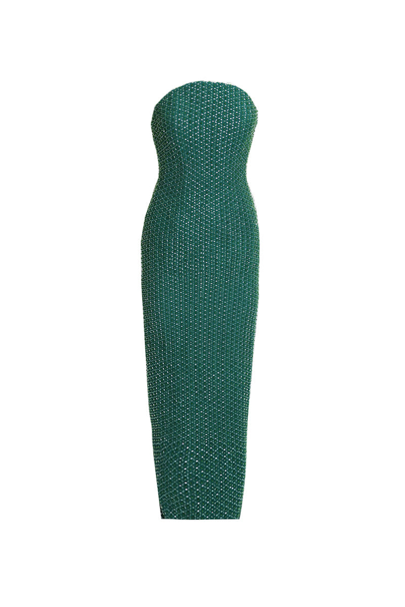 EMBROIDERED STRAPLESS GOWN WITH REMOVABLE CAPE IN EMERALD GREEN - CULT MIA