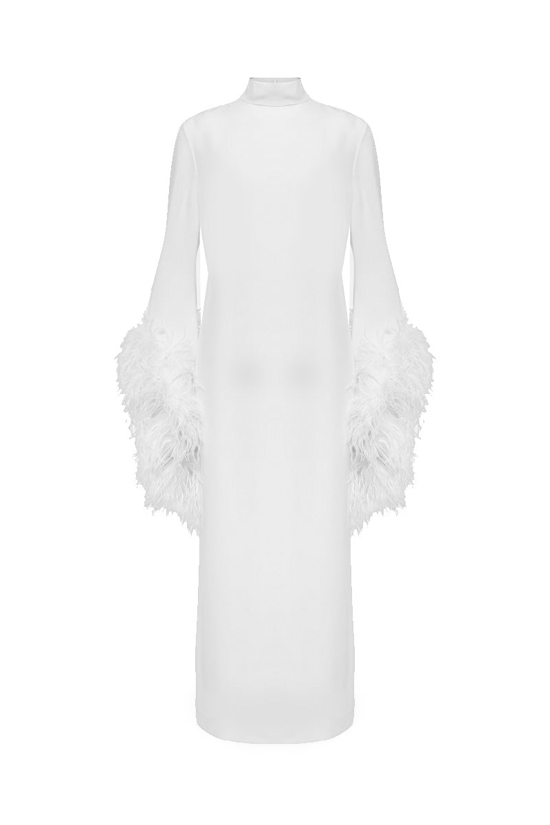 FEATHER-DETAIL HALTERNECK MIDI DRESS IN OFF WHITE - CULT MIA