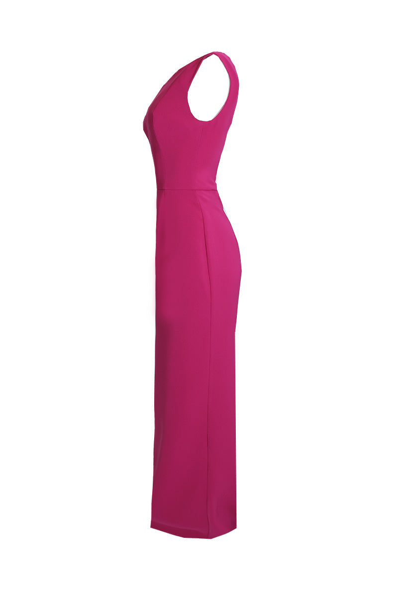 ONE-SHOULDER DRESS WITH CAPE SLEEVES IN DEEP MAGENTA - CULT MIA