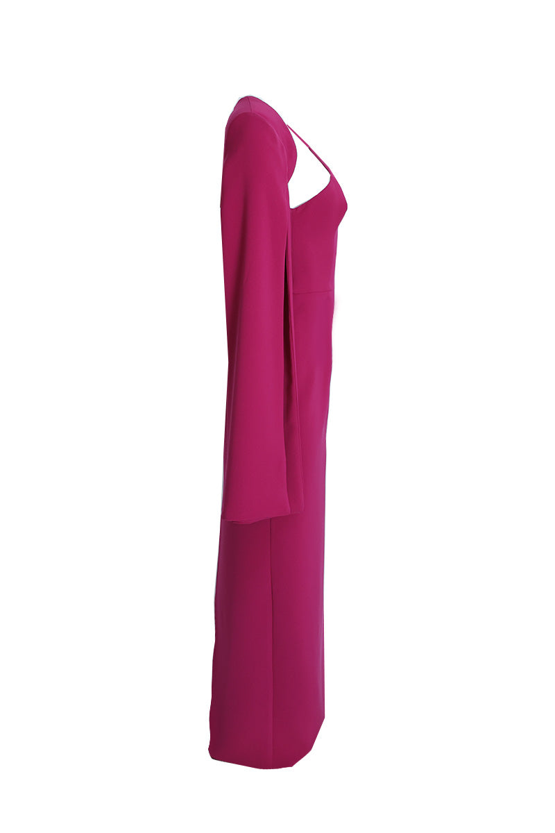 ONE-SHOULDER DRESS WITH CAPE SLEEVES IN DEEP MAGENTA - CULT MIA