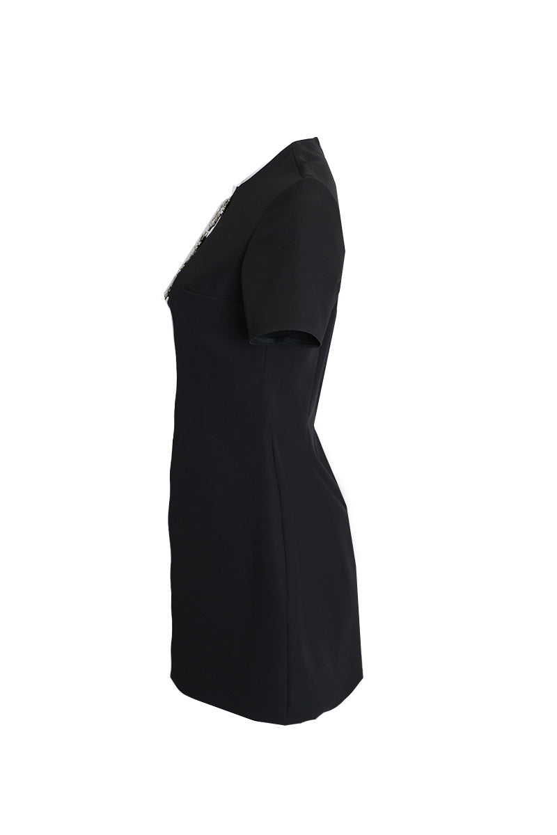 SHORT BLACK DRESS WITH 3D CRYSTAL EMBELLISHED NECKLINE - CULT MIA