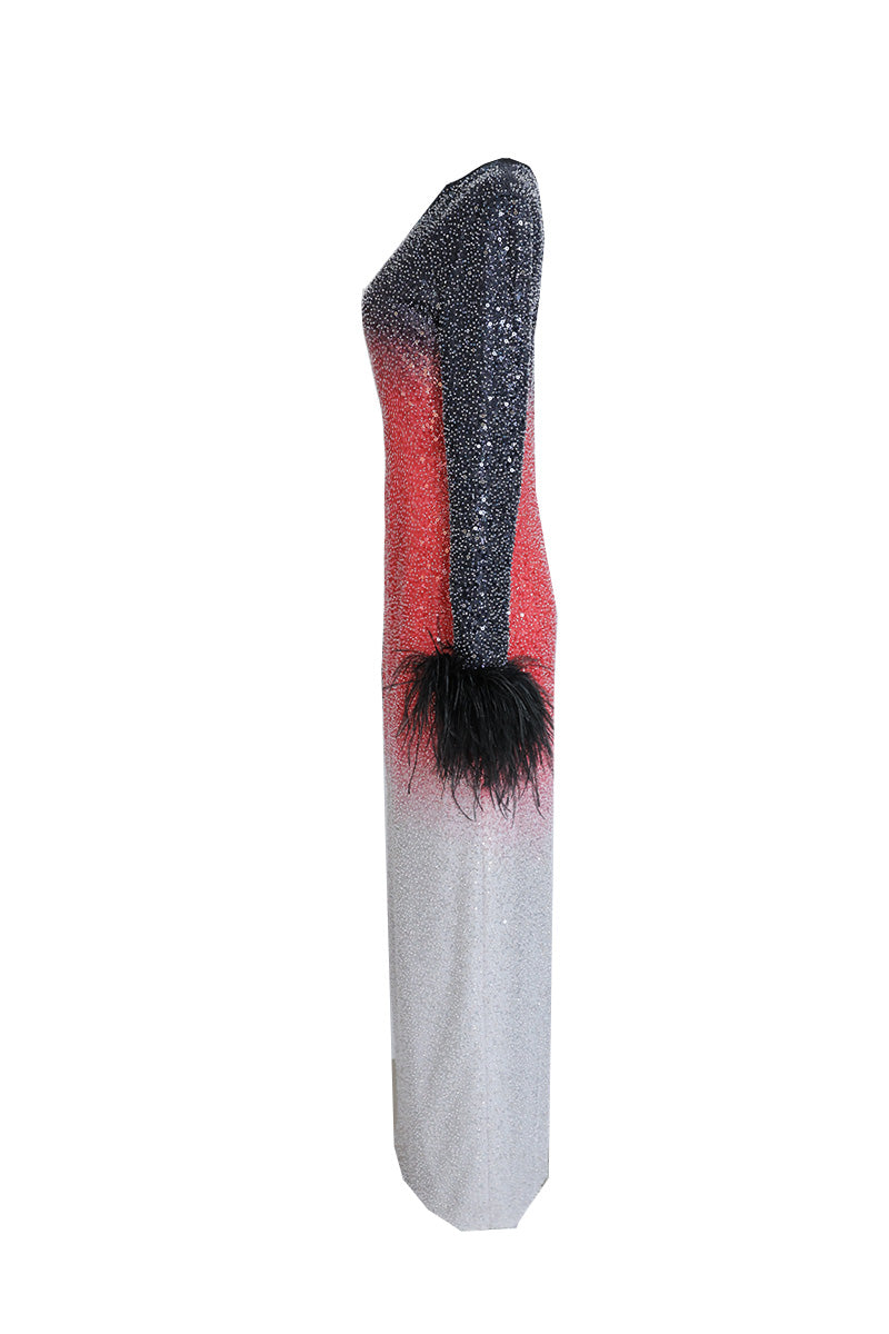 STUNNING OMBRÉ FULL-LENGTH GOWN WITH FEATHERED SLEEVES - CULT MIA