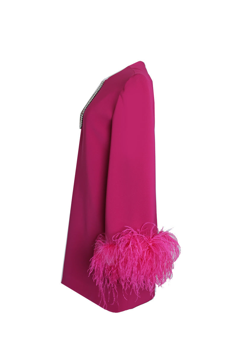 SHORT DRESS WITH DAZZLING CRYSTAL IN DEEP MAGENTA - CULT MIA