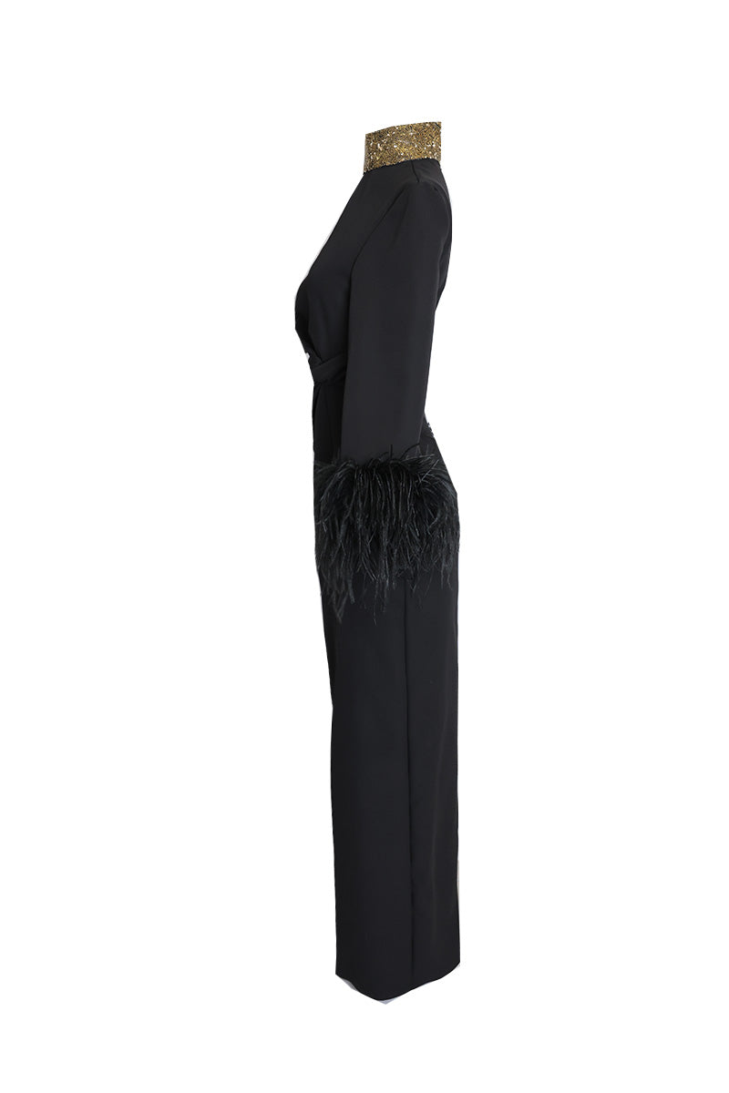 TWIST KNOT FULL-LENGTH BLACK GOWN WITH FEATHER - CULT MIA