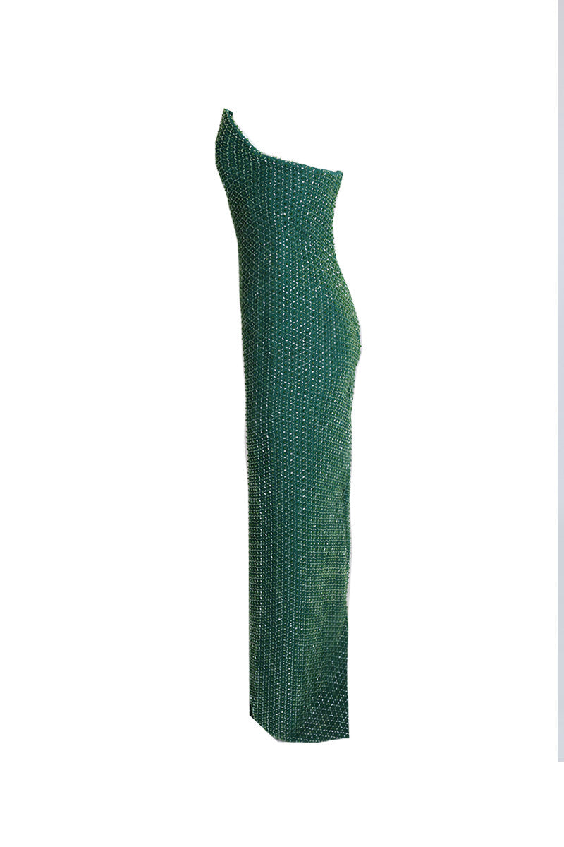 EMBROIDERED STRAPLESS GOWN WITH REMOVABLE CAPE IN EMERALD GREEN - CULT MIA