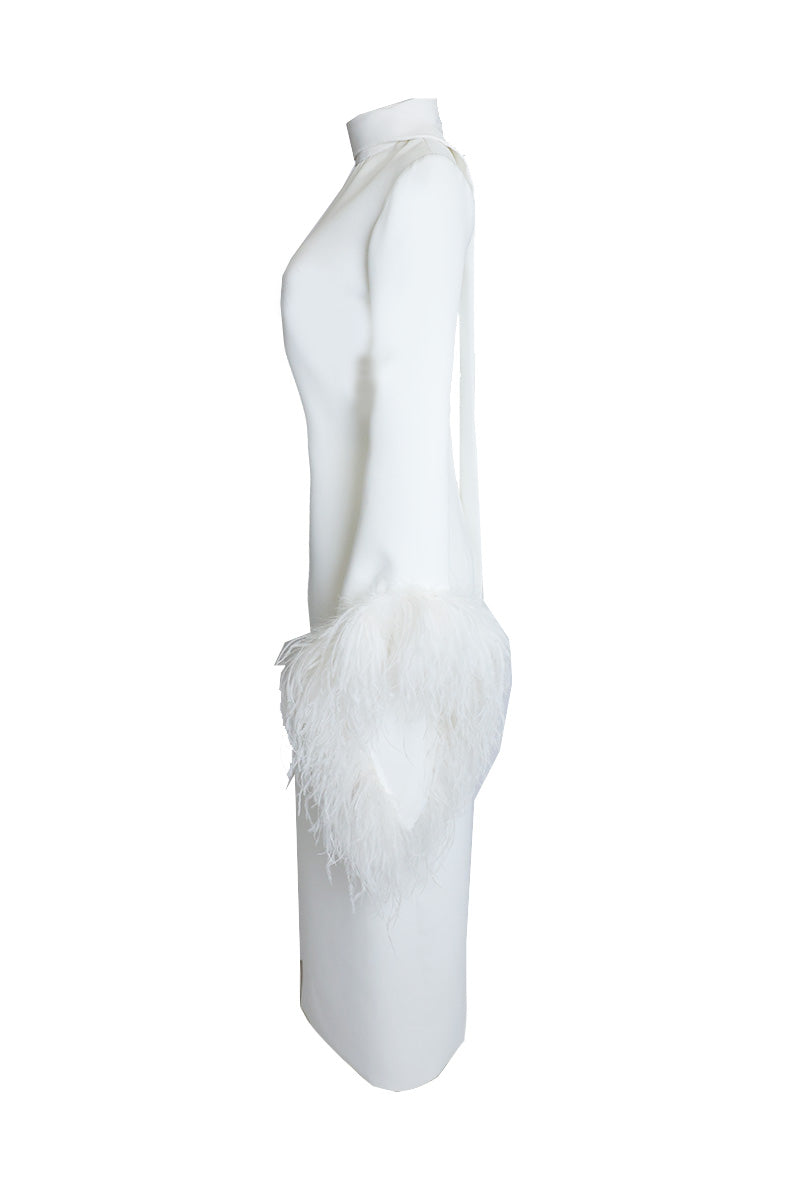 FEATHER-DETAIL HALTERNECK MIDI DRESS IN OFF WHITE - CULT MIA