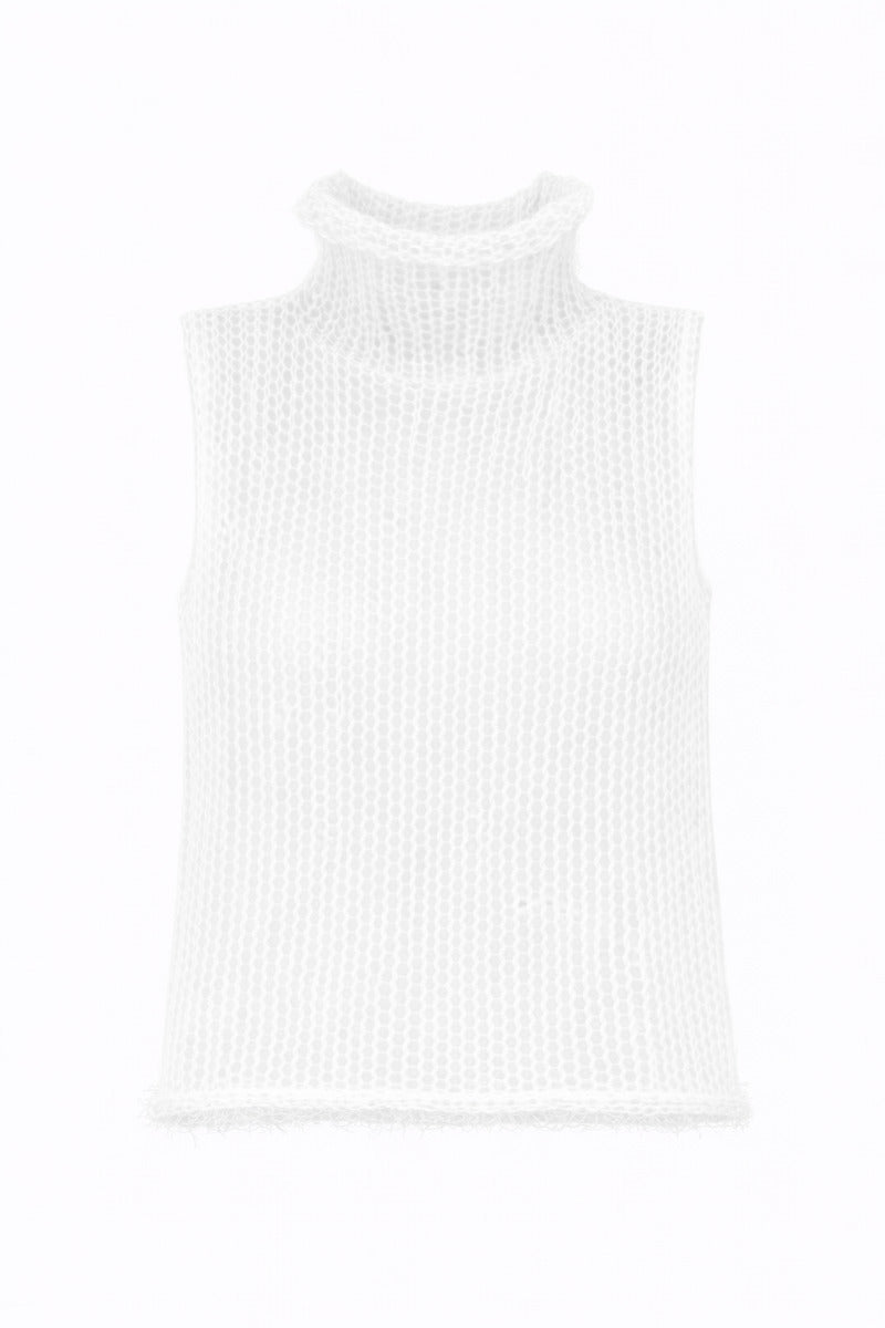 DELEGAN soft skin sheer knit top displayed on a ghost mannequin, showcasing lightweight, fitted design perfect for layering or casual wear.