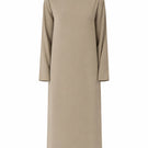 Delegan Olive Sheen midi dress on ghost mannequin, showcasing front view with elegant drape and stylish design.