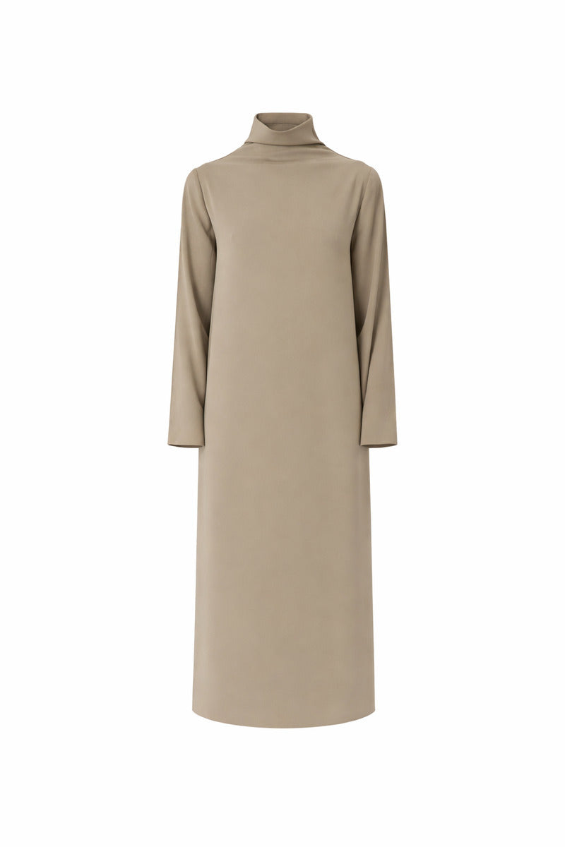 Delegan Olive Sheen midi dress on ghost mannequin, showcasing front view with elegant drape and stylish design.