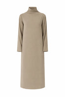Delegan Olive Sheen midi dress on ghost mannequin, showcasing front view with elegant drape and stylish design.