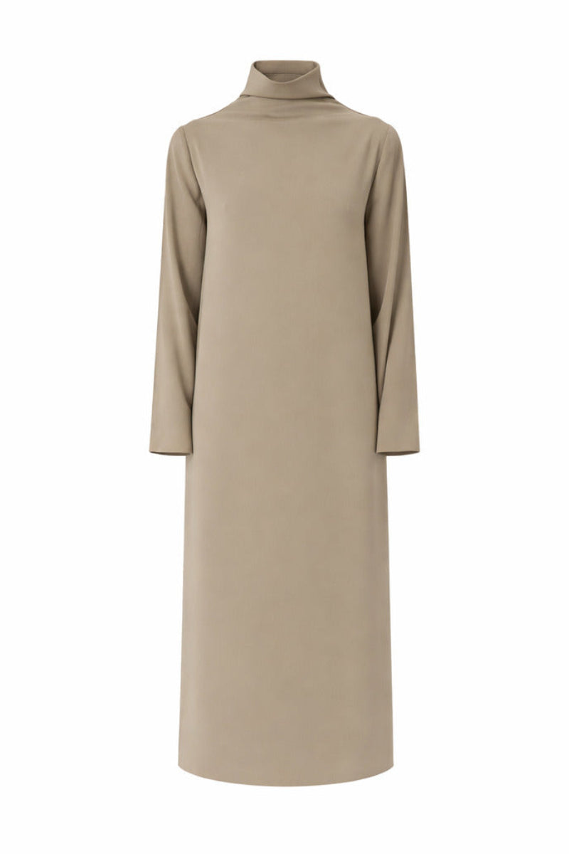 Delegan Olive Sheen midi dress on ghost mannequin, showcasing front view with elegant drape and stylish design.