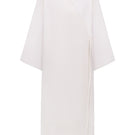 White embroidered kimono gown by DELEGAN displayed on a ghost mannequin, showcasing intricate embroidery and flowing fabric.
