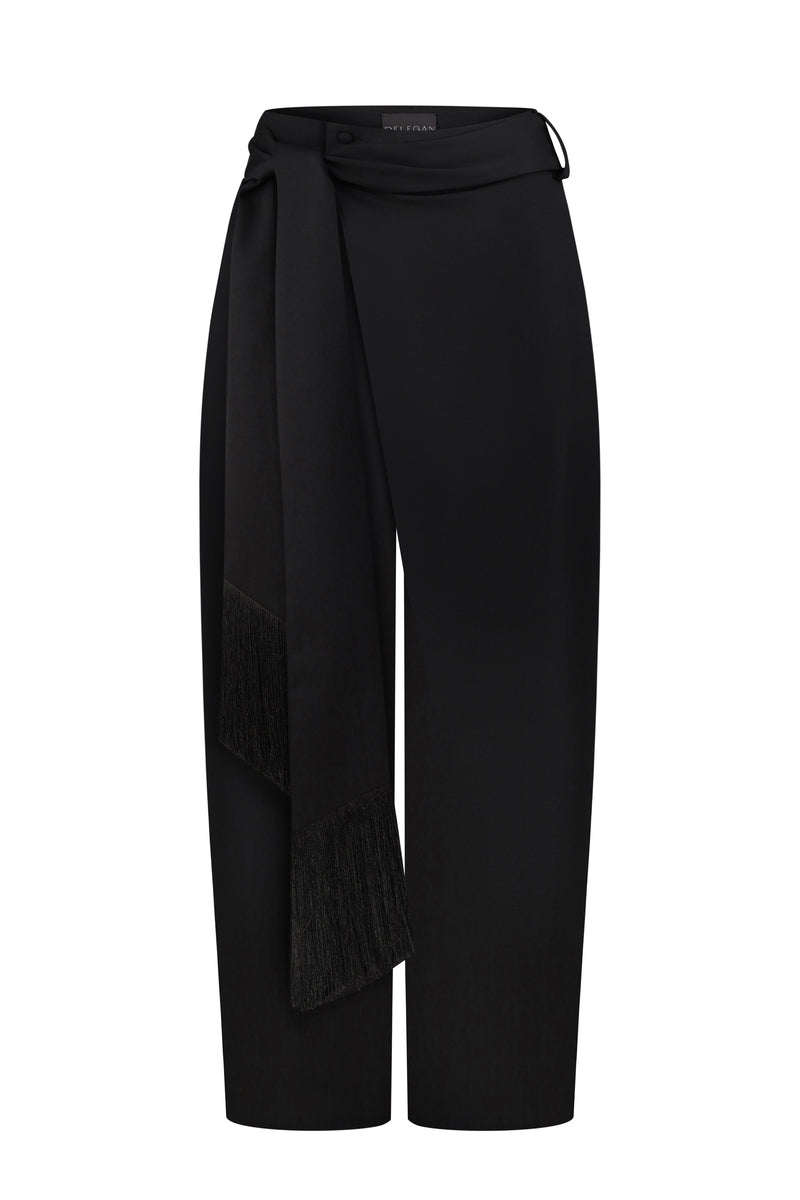 DELEGAN BAKHROMA Pants displayed on a ghost mannequin, showcasing the front view of stylish, tailored pants with a smooth fit.