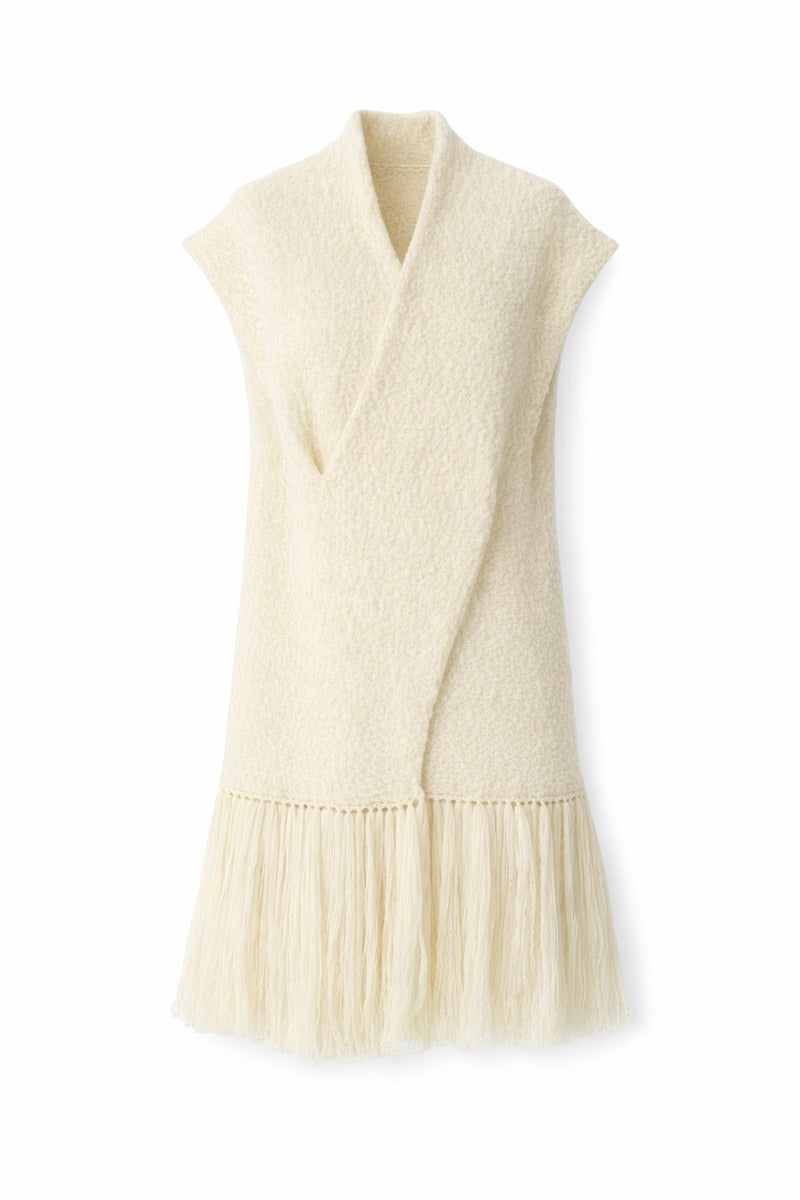 Textured knit cardigan vest by DELEGAN displayed on a ghost mannequin, front view showing detailed knit pattern.