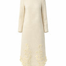 Elegant beige wool statement midi dress by DELEGAN displayed on a ghost mannequin with front view.