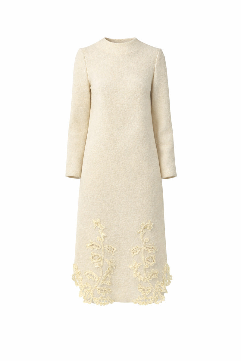 Elegant beige wool statement midi dress by DELEGAN displayed on a ghost mannequin with front view.