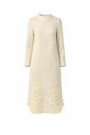 Elegant beige wool statement midi dress by DELEGAN displayed on a ghost mannequin with front view.