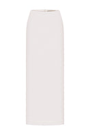 White midi skirt with knitted ornament from DELEGAN displayed on a ghost mannequin, showcasing its front design and texture.