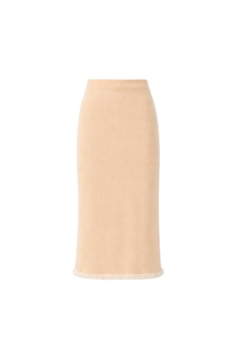 Delegan wool midi skirt displayed on a ghost mannequin, showcasing its soft texture and elegant length for stylish winter wear.