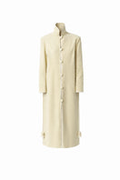 Ivory velvet coat by Delegan displayed on a ghost mannequin, front view showing smooth fabric and tailored fit.