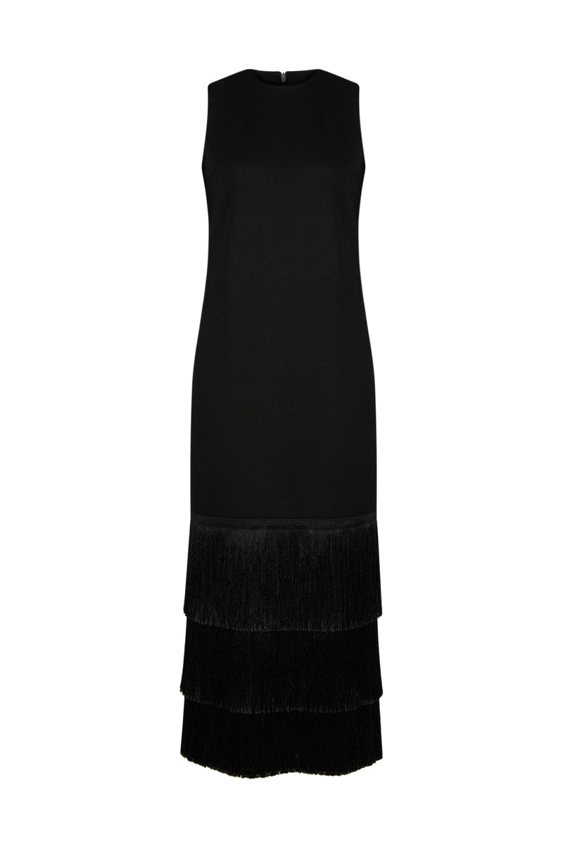 Black midi dress by DELEGAN on a ghost mannequin, showcasing a sleek, fitted silhouette and stylish neckline.
