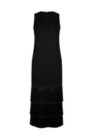 Black maxi dress by Delegan on a ghost mannequin, showcasing the flowing fabric and elegant long length.