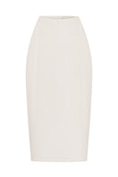 Cream-colored DELEGAN cocoon midi skirt displayed on a ghost mannequin, showcasing its elegant, flowing design.
