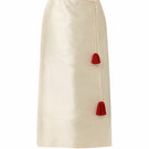 Velvet blush silk midi skirt on ghost mannequin, stylish and elegant, showcasing the soft fabric and flowy design.