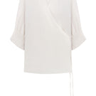 White DELEGAN blouse with tight sleeves displayed on a ghost mannequin, showing front view and fitted style.