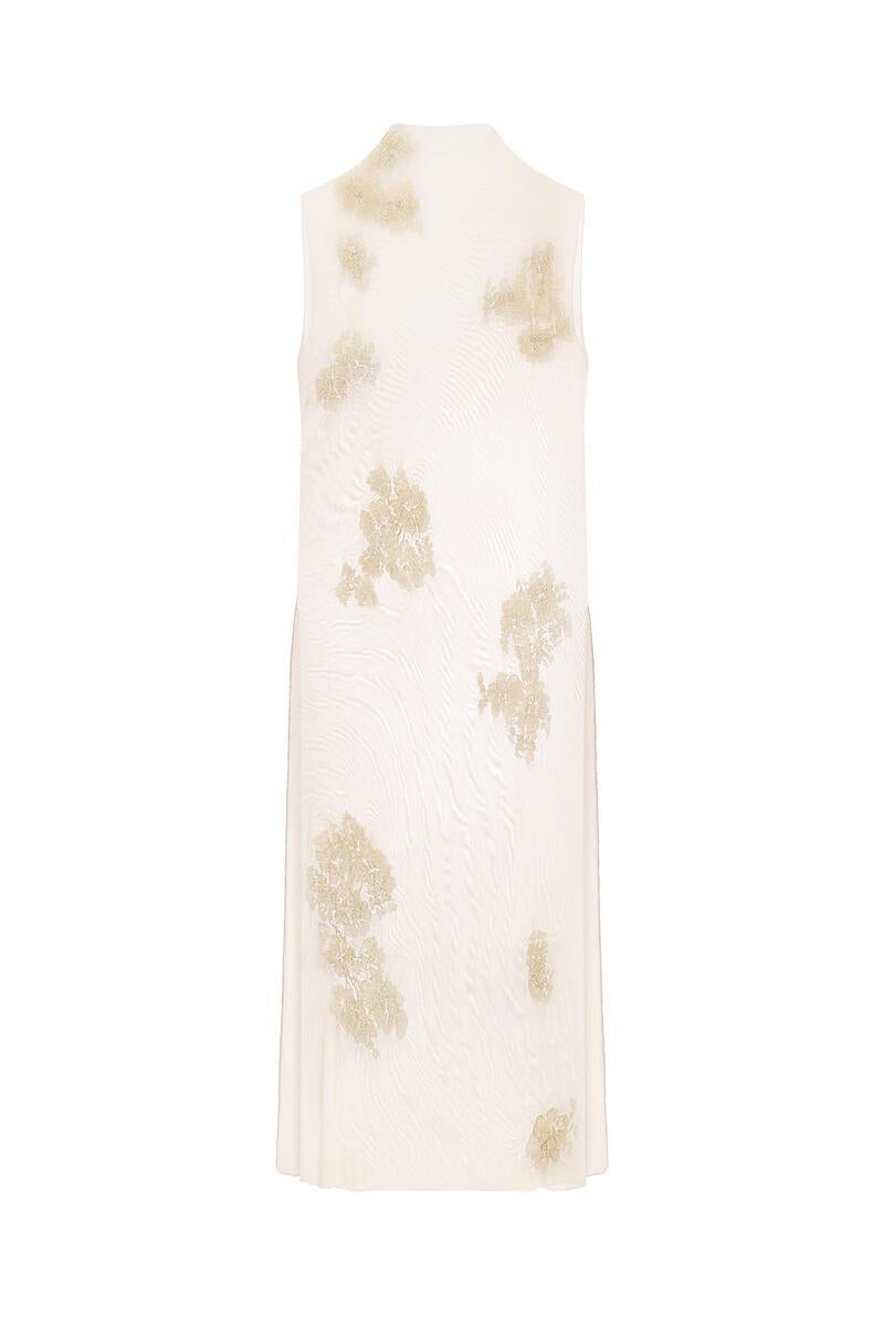 Front view of DELEGAN brass bloom midi dress on a ghost mannequin, showcasing the elegant floral design and midi length.